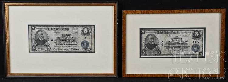 Two New Haven National Currency $5 Dollar Notes: Two $5 notes of New Haven National Currency. One First National Bank Of New Haven (1922) and one Second National Bank of New Haven (1903) Condition issues include creases, toning, and wrinkles o
