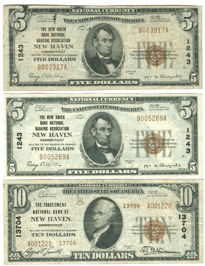 Lot of Three Pieces Of Connecticut National Currency: The New Haven Bank National Banking Association $5 note. 1929. Charter 1243, type one. Lincoln. In very good condition, with some creases. The Tradesmen's National Bank of New Haven $10 note. 1929. Ch