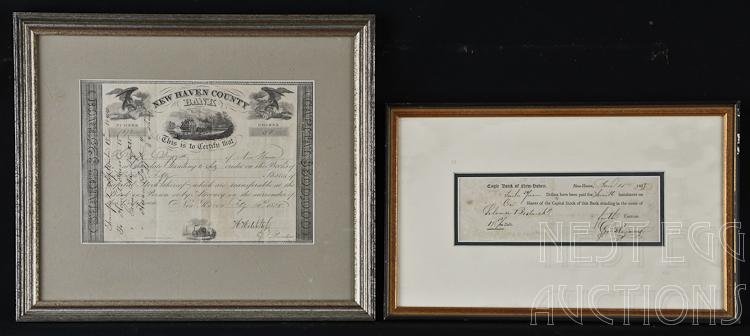 Lot of 2 Stock Certificates for New Haven CT Banks: Two stock certificates from New Haven, Connecticut banks. Lot includes: The New Haven County Bank. 30 shares. 1838. Engraver: Draper, Toppan, Longacre & Co. The Eagle Bank of New Haven. 1813.