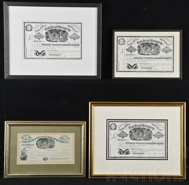 Fair Haven & Westville New Haven Rail Road Certificates: Four individually framed stock certificates from New Haven, Connecticut Rail Roads. All certificates are from the Fair Haven & Westville Company. Dates range from 1860's to 1902. 