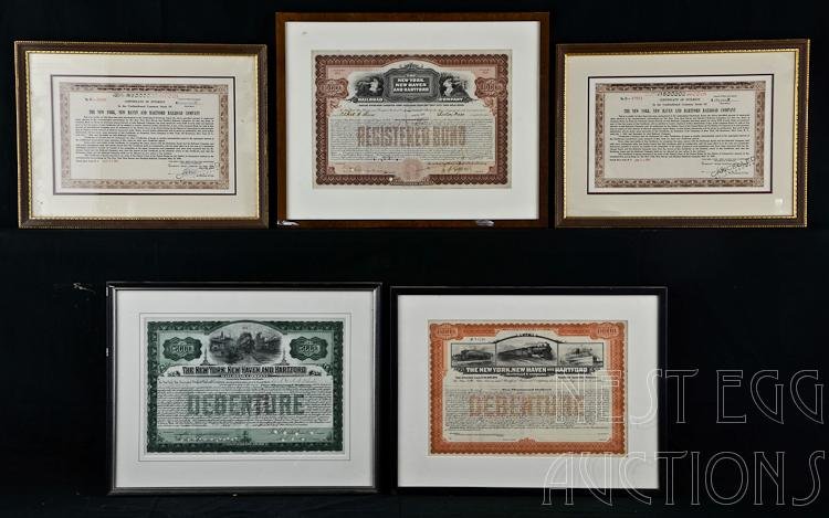 Lot of 5 Certificates New York New Haven Hartford RR: Group lot of five miscellaneous certificates, New York, New Haven, Hartford Railroad Company. Lot includes: Two certificates of interest in the NYNH&H RR. One for two million dollars a