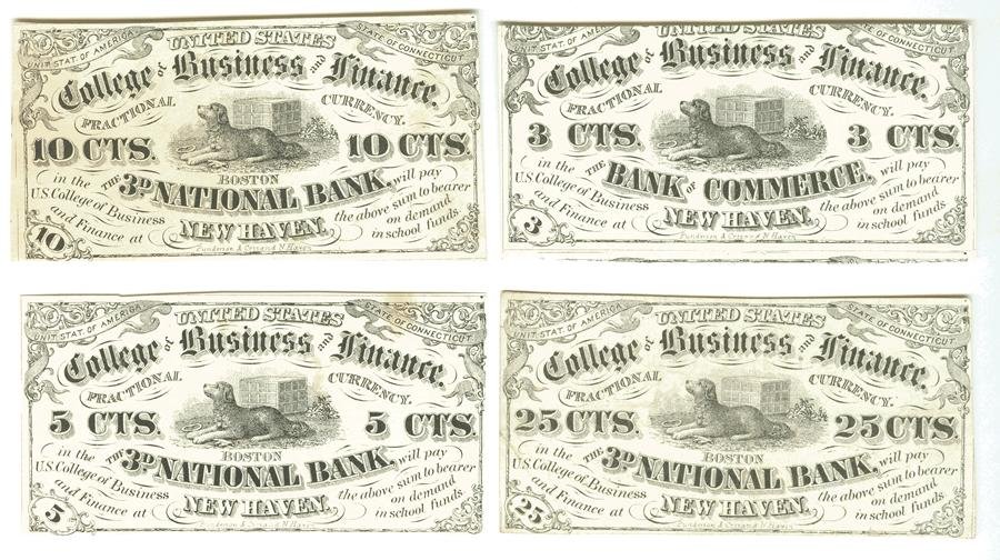 Four Fractional Notes US College of Business & Finance: Four United States College of Business and Finance, 3rd National Bank, New Haven fractional currency notes. New Haven Connecticut. Denominations:3¢, 5¢, 10¢, 25¢. No da