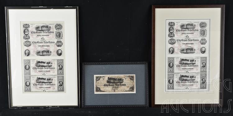 City Bank Of New Haven Obsolete Notes Uncut and Cut: Three frames of City Bank of New Haven obsolete notes. Uncut sheet. $50, $100, $20, $20. Remainder. 1860s. Center: New Haven Green. Red undertint. American Bank Note Co. Excellent condition. (Haxby: C