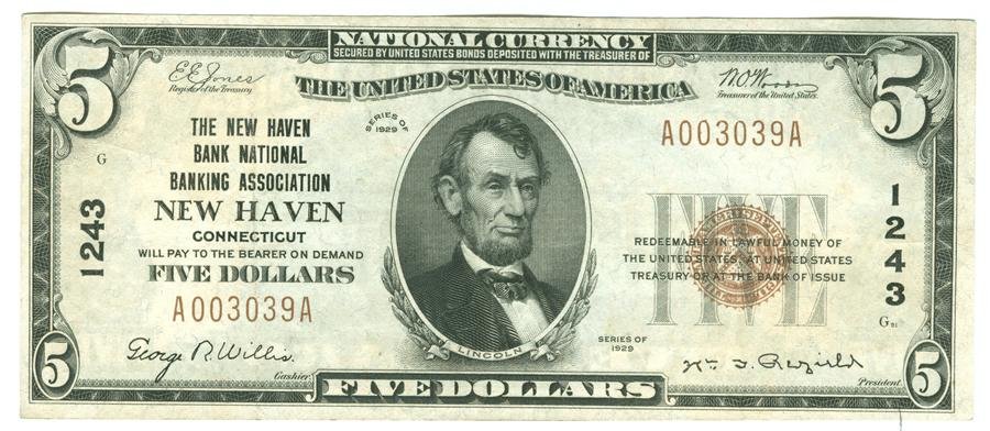 Connecticut National Currency $5 Note Boston $5 Note: The New Haven Bank National Banking Association, New Haven Connecticut $5 note. 1929. Charter 1243, type two. Lincoln. Light creases. Stated XF by Denly's of Boston Price Tag.