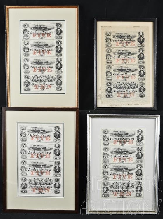 Four City Bank Of New Haven Obsolete Uncut Sheets: Four Framed City Bank Of New Haven Obsolete Uncut Currency Sheets. $5, $5, $5, $10. Remainders. 1850s - 1860s. Center: $5s have steamship in harbor, $10 had X with cherubs and profiles of Washingt
