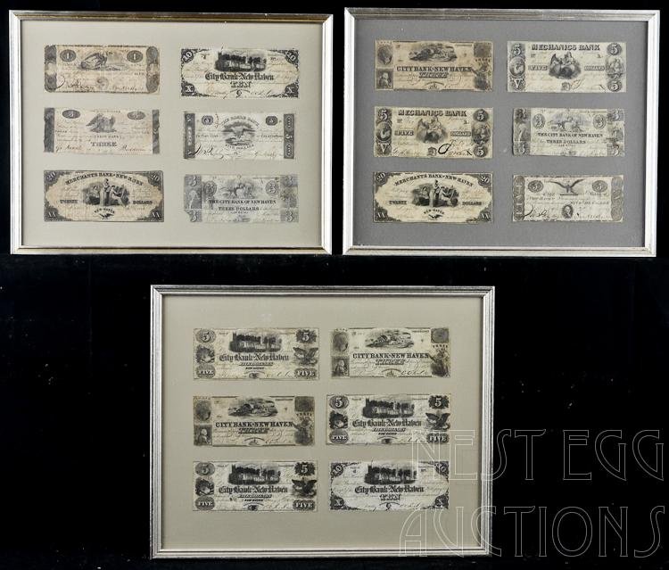 Lot Of 18 New Haven Obsolete Currency Notes: Three frames with six New Haven obsolete notes in each. Banks include: City Bank of New Haven, Mechanics Bank, Eagle Bank, Merchants Bank. Denominations from $1 to $20. Dates range from 1816 to 1850s.