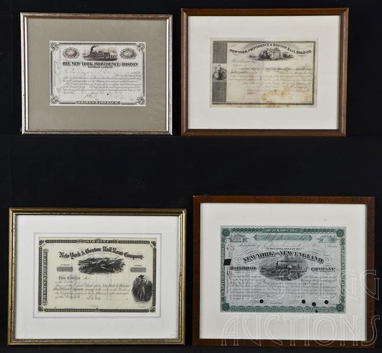 Mixed lot of 4 Rail Road Stock Certificates NY, Boston: Lot of four rail road stock certificates. Lot includes The New York, Providence & Boston Railroad Co., very good, appropriate folds, minor wear and toning, signatures punched. The New Y