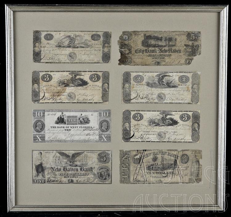 Lot of Eight Obsolete Notes New Haven & West Florida: Lot of 8 Obsolete notes. Seven New Haven, one West Florida, Notes included: Four from The Eagle Bank of New Haven. Denominations: $1, $2, and two $3's. One from The City Bank of N