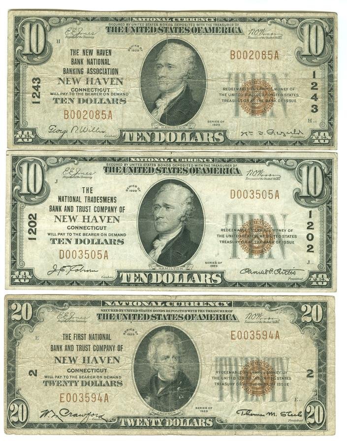Three Connecticut National Currency Obsolete Notes: Three Connecticut National currency obsolete notes. Lot includes: The National Tradesmen's Bank and Trust Company of New Haven $10 note. 1929. Charter 1202, type one. Hamilton. Light creasing. T