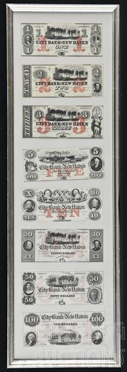 Lot of 8 Obsolete City Bank Of New Haven Notes: Eight Notes from The City Bank Of New Haven, Connecticut. Denominations include: $1, $2, $3, $5, $10, $20, $50, $100. Remainders. Unsigned, but dated 1865. Engravers include: American B