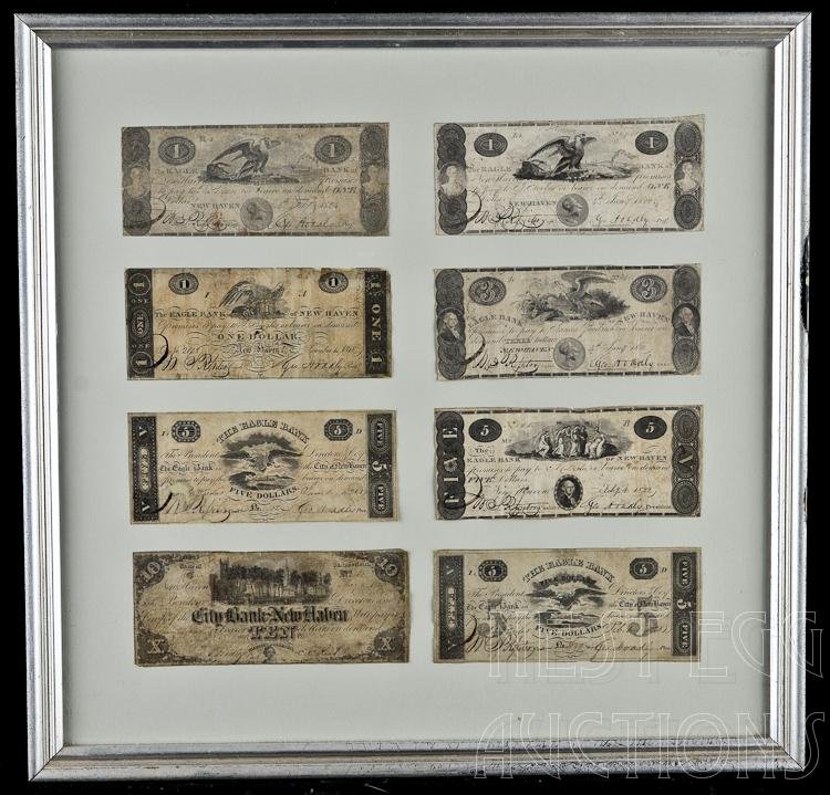 Eight Obsolete New Haven Connecticut Notes: Lot of eight obsolete New Haven notes. Seven from the Eagle Bank of New Haven and One from The City Bank of New Haven. Denominations in this lot are: Three $1 One $3 Three $5 One $10