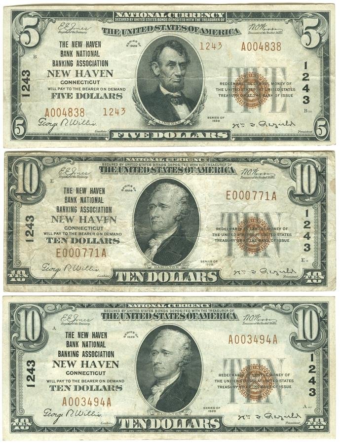 Group of 3 Pieces Of Connecticut National Currency: The New Haven Bank National Banking Association $10 note. 1929. Charter 1243, type one. Hamilton. Light creases The New Haven Bank National Banking Association $5 note. 1929. Charter 1243, type two. L