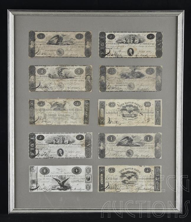 Lot of 10 Eagle Bank of New Haven CT Obsolete Notes: Ten notes from The Eagle Bank Of New Haven, Connecticut. Various dates (1818-1824), vignettes and engravers. Denominations from $1 to $10. All in circulated condition and have issues like creases and 
