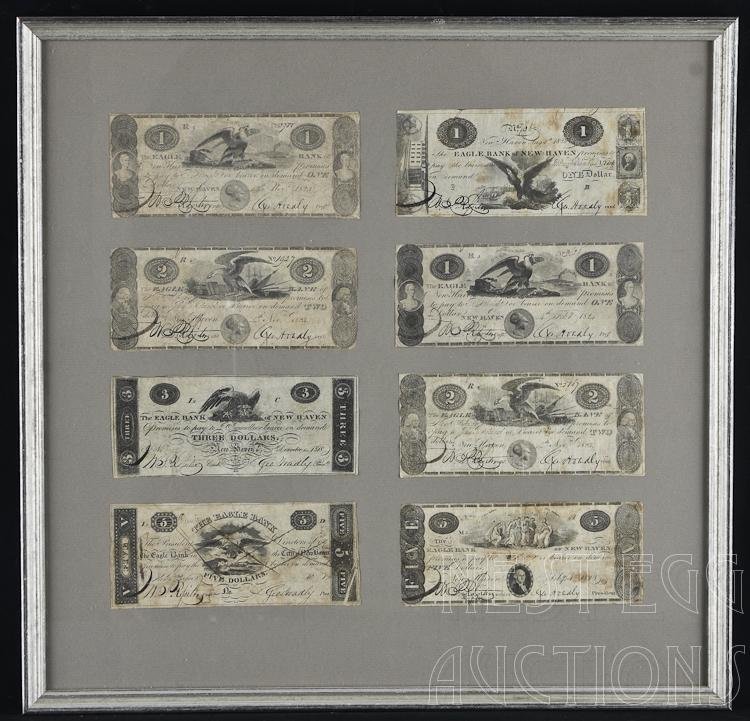 Lot of 8 Eagle Bank of New Haven CT Obsolete Notes: Lot of eight obsolete notes from The Eagle Bank Of New Haven Connecticut. All signed and dated from 1813-1823. Denominations include three $1s, two $2s, one $3 and two $5s. All with eagle vignettes, e