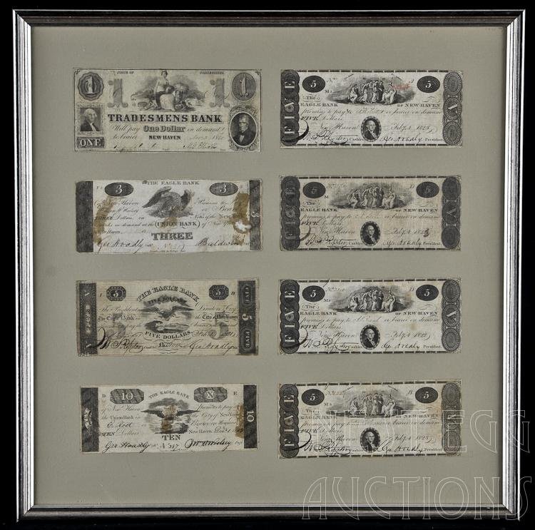 Eight Obsolete New Haven Notes: Seven notes from The Eagle Bank Of New Haven and one from the Tradesmens Bank of New Haven. Dates range from 1813 to 1861. All signed and dated from 1813 to 1861. Denominations from $1 to $10. Various
