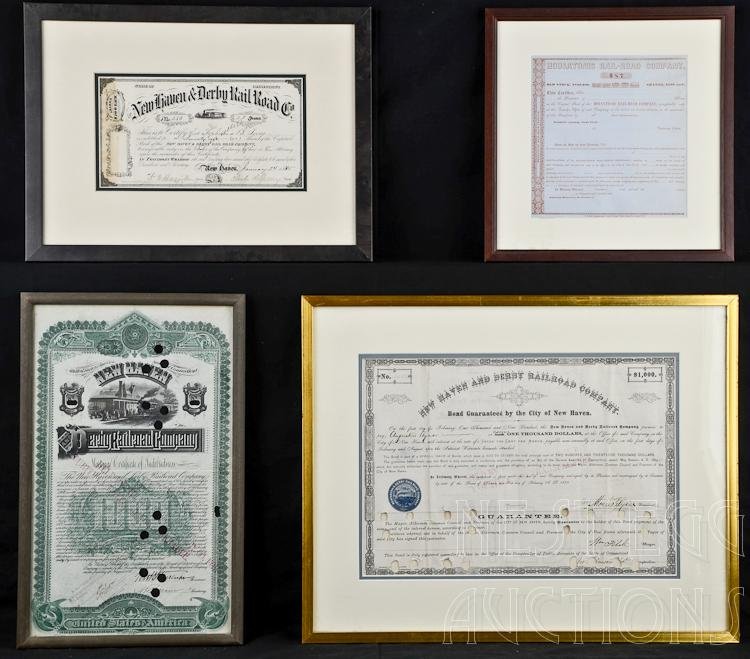 Four New Haven Connecticut Area Railroad Certificates: Four Frames with Late 19th, Early 20th Century New Haven Area Railroad Certificates: Derby Railroad Company, Punch cancelled, no coupons, non archival frame, very nice with appropriate folds. Stock ce
