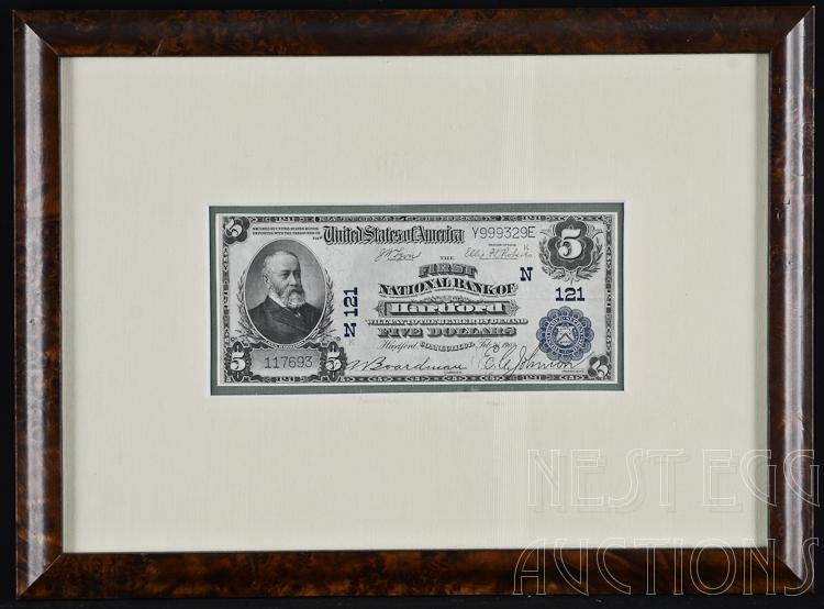 First National Bank Of Hartford CT Obsolete $5 Note: First National Bank of Hartford, National Currency $5 note. Portrait of William Harrison. Dated: February 25, 1903. Very good condition with light creasing. Archival frame.