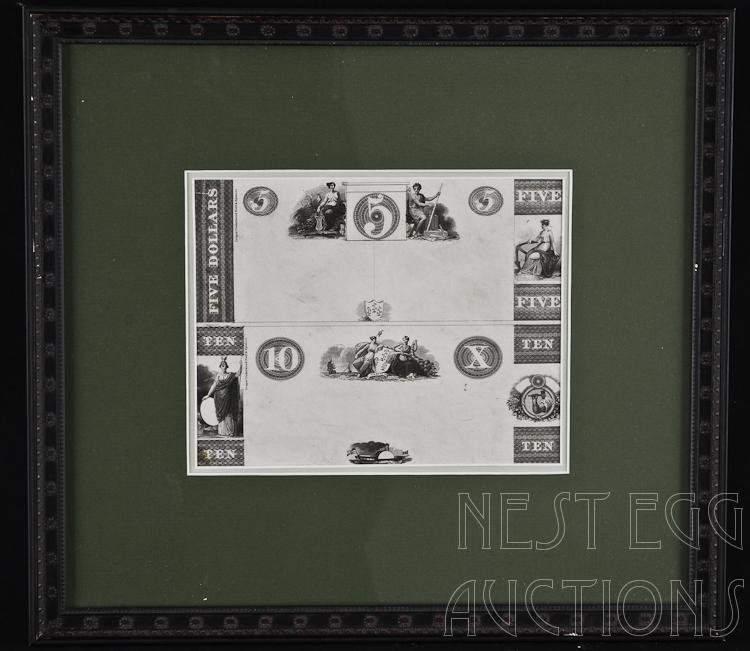 Incomplete Uncut Obsolete Currency Likely New Haven CT: Incomplete uncut proof sheet from Mechanics Bank (likely New Haven). Denominations:$5, $10. Engraver: Draper, Underwood, Bald & Spencer. Excellent condition. Archival frame.