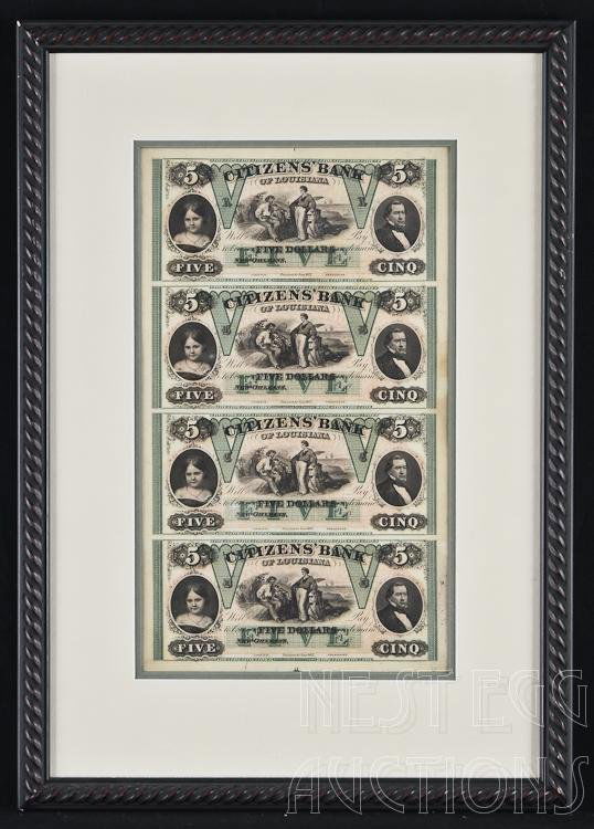Citizens Bank of Louisiana Uncut Sheet Of Four $5 Notes: Framed uncut sheet of four Citizens Bank of Louisana, New Orleans $5 notes. Remainder. 1860s. Center: Sailor with anchor, seated man and child. Left and right: Portrait of young girl and man. Bili