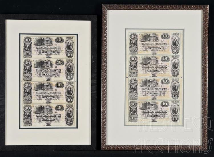 Sheet of Four Uncut $10 Notes Canal Bank New Orleans: The New Orleans Canal Banking Company, Canal Bank uncut sheet of four $10 notes. Remainder. Center: Bank building. Engraver: Rawdon, Wright, Hatch & Edson. In very good condition, with some to