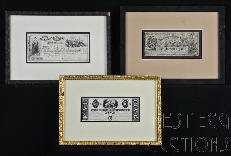 New Haven Obsolete Currency And Certificate Of Deposit: Two framed examples of New Haven Connecticut obsolete currency and a certificate of deposit. Lot includes: The Mechanics Bank of New Haven, Connecticut $5 note proof. Center: Three seated women 