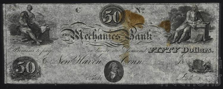Mechanics Bank New Haven Connecticut Obsolete $50 Note: The Mechanics Bank of New Haven, Connecticut obsolete $50 note. Remainder.1820s - 1850s. Franklin at right, Jefferson between signatures. Engraver: A.B. & C. Durand & Wright. Brown staining to