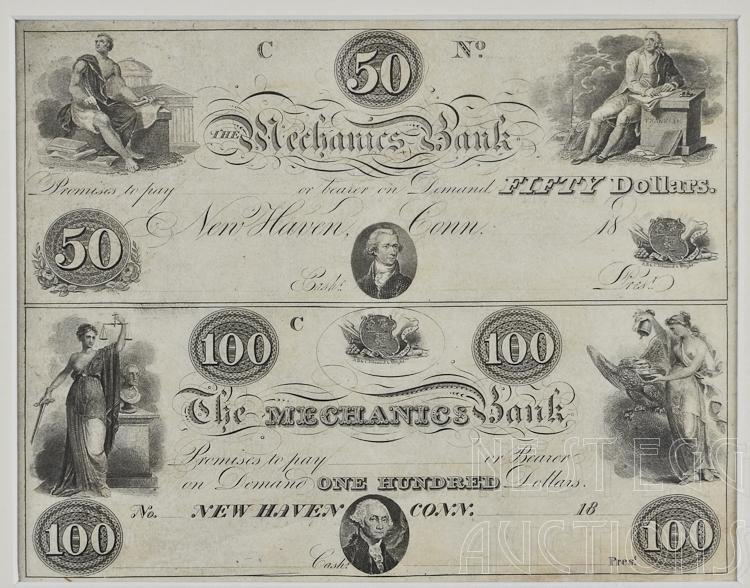 Mechanics Bank New Haven CT Uncut Sheet $50 and $100: The Mechanics Bank of New Haven, Connecticut uncut sheet of $50 and $100 obsolete notes. Remainder. 1820s - 1850s. Jefferson & Washington between signatures. Engraver: A.B. & C. Durand &
