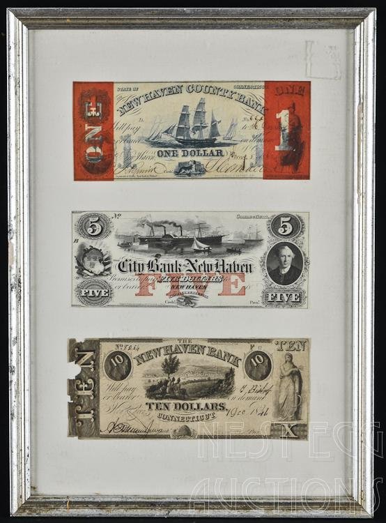 Lot Of Three Obsolete New Haven Connecticut Bank Notes: This lot includes three obsolete New Haven Connecticut bank notes. All three pieces are in one frame. Lot includes: New Haven County Bank $1 note. Signed and dated 1862. Center: Three mast