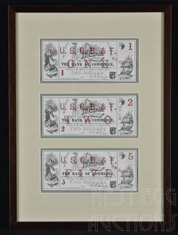 United States College of Business And Finance Note: Three notes from The Bank of Commerce, United States College of Business and Finance, New Haven, Connecticut. Denominations: $1, $2 and $5. Signed, but undated. 1860s. Center: Globe. Left and ri
