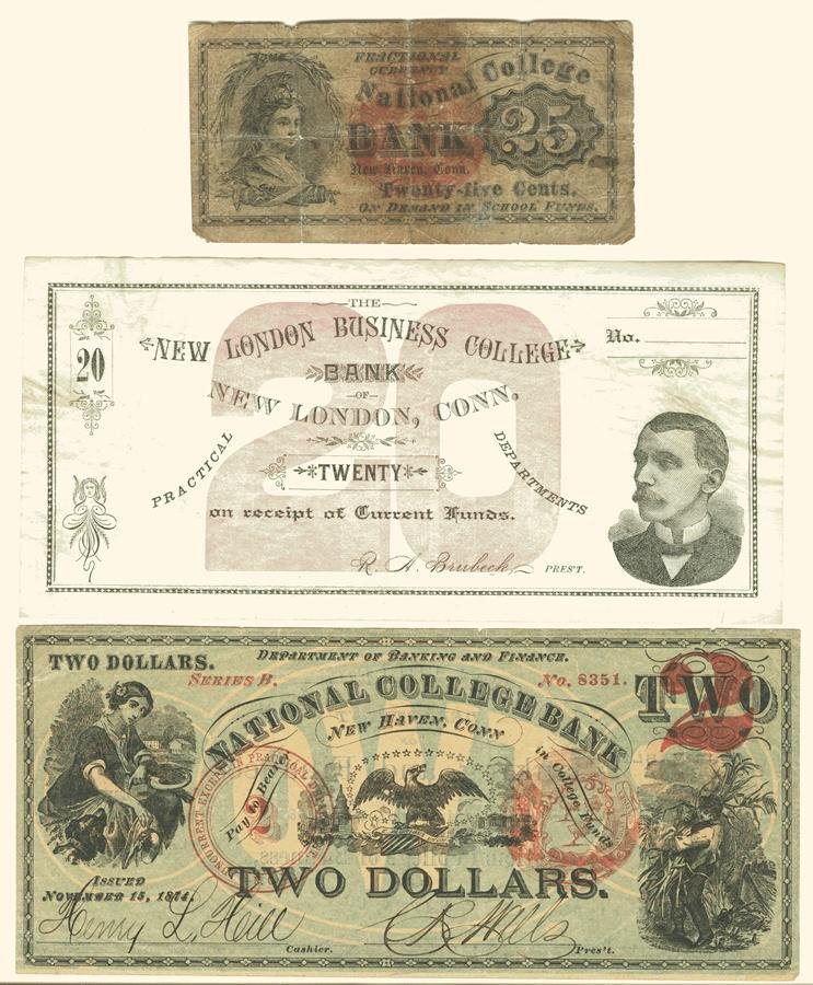 Lot of 3 Obsolete Notes From Connecticut Colleges: National College Bank, New Haven $2 note. Signed and dated November 15, 1874. Series B. Center: Eagle. Left and right: Woman with dog, man with corn. Red overprint and stamps. In good condition. (CT-3