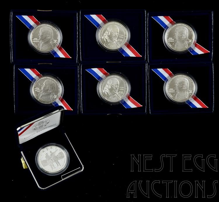 Lot of 7 United States Mint Commemorative Silver Coins: Lot of seven United States Mint Commemorative Silver Coins. Lot includes: Four 2005 Chief Justice John Marshall Commemorative $1 silver proof. In original U.S. Mint packaging. Two 2006 Ben