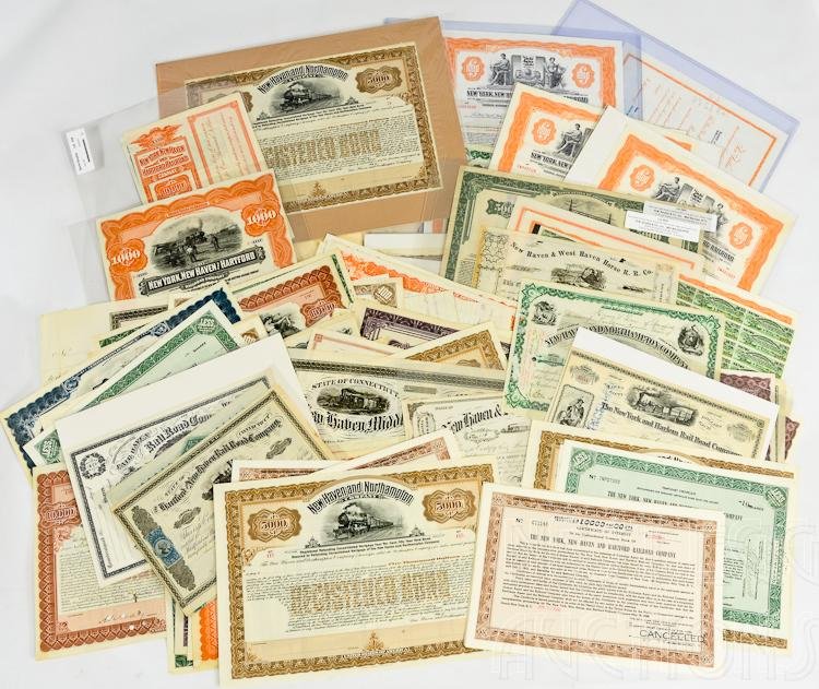 Over 125 Miscellaneous Railroad Stock Certificates: Collection of over 125 miscellaneous stocks and bonds. Various types, ages, printers, amounts, etc. Specimens, Unissued and canceled. Companies included in this lot are: New York, New Haven and Hartfo