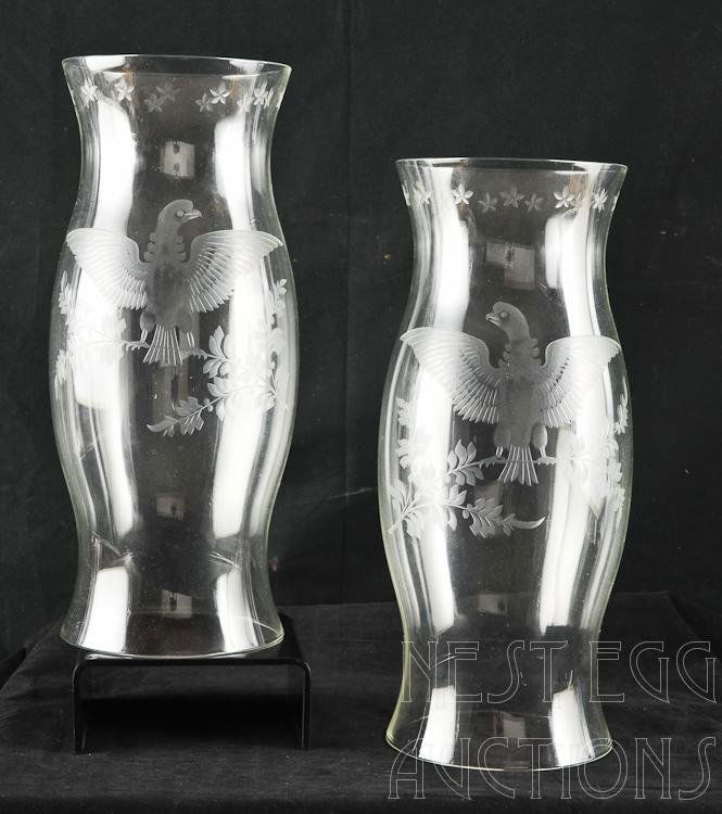 Pair of Etched Glass Hurricane Lamp Shades