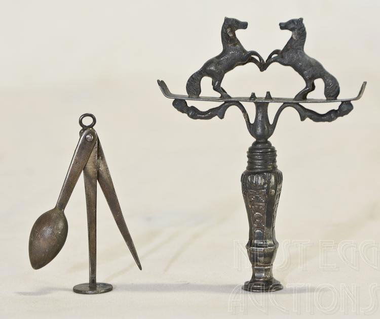 Sterling Silver Pipe Tool & Figural Cork Screw: Figural corkscrew with horses, and caryatids on top of a columnar vessel with drapery and scrollwork. Measures approximately 3" x 3.5". Sterling silver tobacco pipe tool, tamper, reamer, and pick. Wei