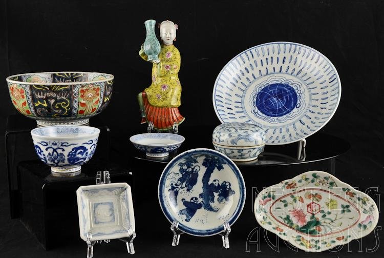 Nine Piece Group Of Chinese & Japanese Porcelain: Nine piece group of Chinese and Japanese porcelain. Lot includes: Blue & white serving plate, measures approximately 9.25" in diameter good overall, with production glaze bubbles, minor fissures, and 