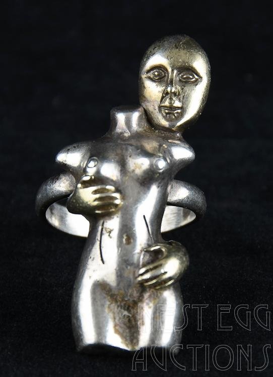 Sergio Bustamante Sterling Silver Ring: Sergio Bustamante Sterling Silver Ring, size 10.5, weighs approximately 0.78 OZT. Signed and marked 925, GA 39, MEX. Ring features nude female form.