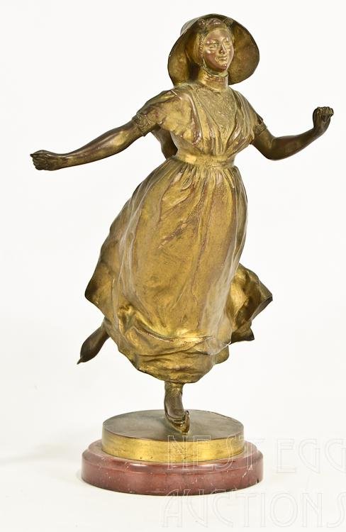 Raphael Nannini VIctorian Gilt Bronze Ice Skater: Raphael Nannini, active 1870-1895, European female ice skater. Very good condition, Much Original gilt remains. Measures approximately 17" x 8"