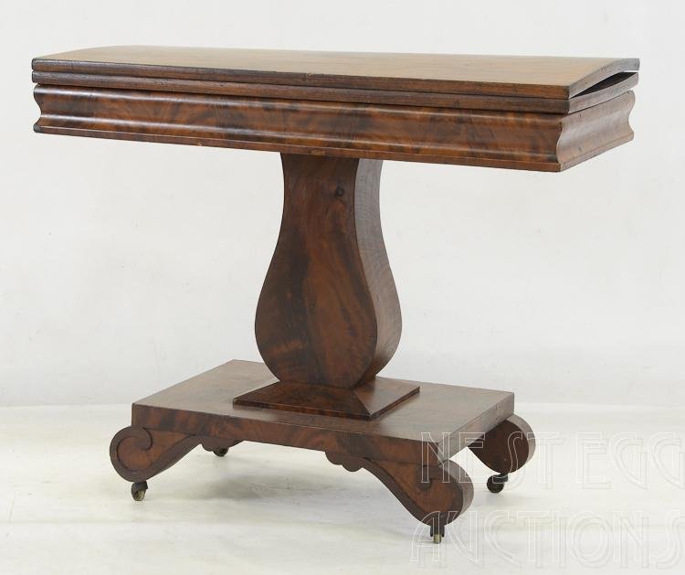 American Empire Games Table: American Empire 19th Century games table, restored finish. Both sections of table top are bowed. Measures approximately 30" H, 36" x 36" open.