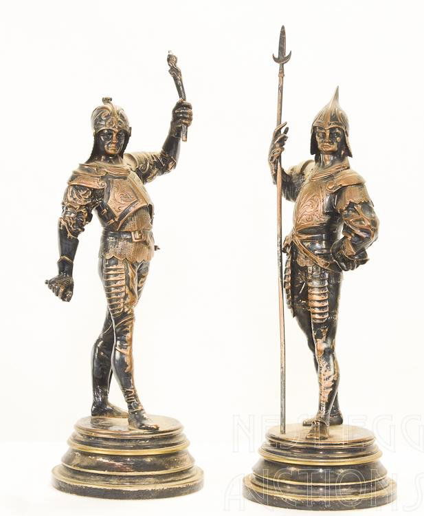 French Silvered Bronze Lalouette Knight Statues: Two French silverplate over bronze statues of a Knight, signed Lalouette. Nice original condition. Knight with torch appears to be missing a sword or other implement. Each measures approximately 10.5"