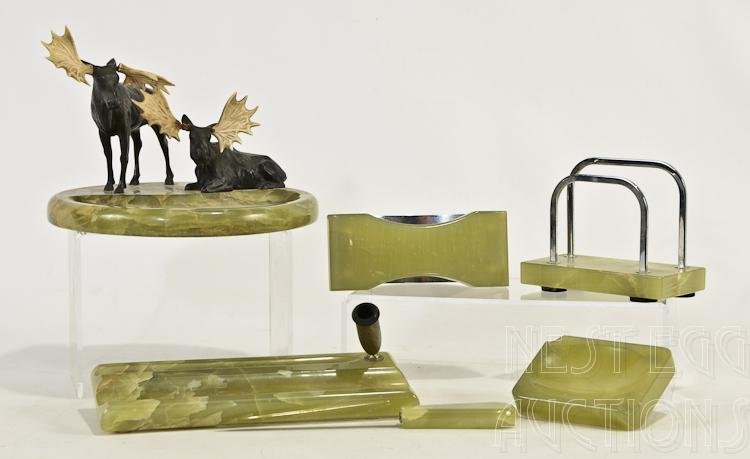 Figural Moose & Green Onxy / Marble Desk Set: Cast metal polychrome painted moose with real carved antlers on Green Onyx tray: 6" x 9" (antlers are loose / repaired) along with Pen set, Blotter, Letter holder and Ash Tray. all in good condition. 