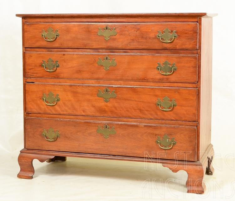 Antique American Country Chippendale Chest Four Draw: Country Chippendale chest. Cherry. Four graduated thumb-molded drawers with brass batwing pulls and escutcheons (not original). Ogee bracket base. Late 18th century. 35 1/2 H x 40 W x 17 1/2 D. Refini