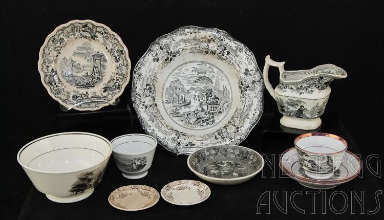 10 pcs English Black Transferware / Staffordshire: Group of 10 pieces of English black transferware / Staffordshire. Cups, plates, saucers, bowl, creamer. Includes Grecian Scenery bowl approximately 10.5" in diameter. Marked sto