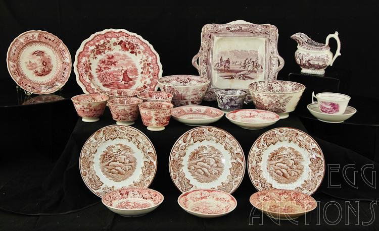 22 Pieces of English Transferware Mulberry & Red: Twenty two pieces 22 of English transferware / Staffordshire Mulberry & Red. Includes "The Dove" pattern and possible "Texas," beehive, sheep, and other patterns. A