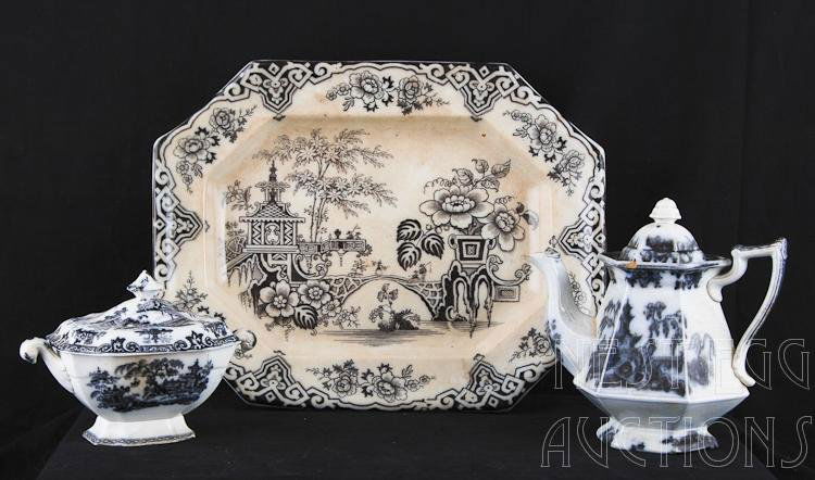 19th Century Mulberry Transferware China: 19th Century Mulberry transfer ware Staffordshire china / porcelain. Bochara pattern platter, small tureen, and tea pot. Very good overall. Minor chips, lines, and crazing.