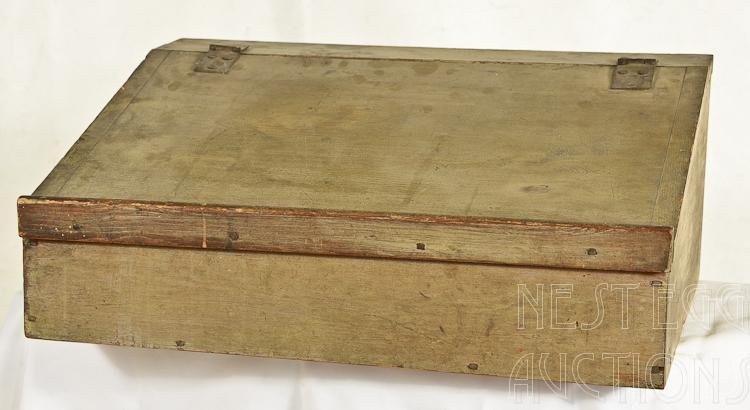 19th Century Pine School Master Desk Top: School Master's desk top, pine, likely New England. Old, possibly original green paint. Measures approximately 9.5" x 18.5" x 23.5" Very good overall.