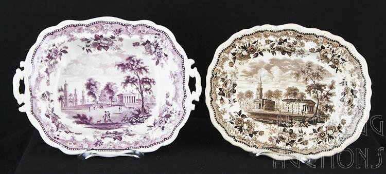 Staffordshire Transferware Yale College New Haven CT: Transferware, Staffordshire, purple & white serving dish. Design features Yale College and New Haven State House. This piece is intact however has lines and cracks. Measures appr