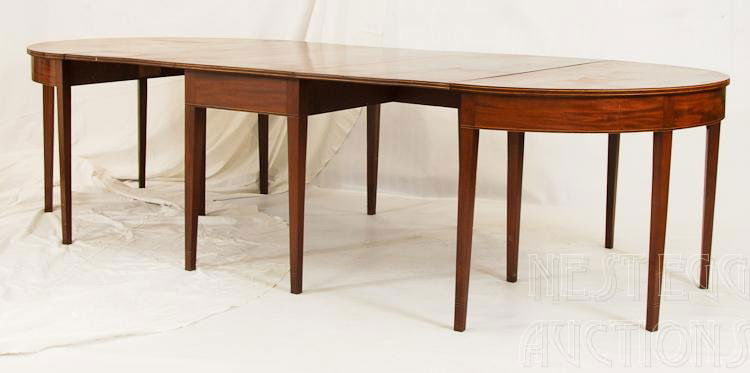 Federal Inlaid Mahogany Dining Table: Federal Period (Late 18th Century) drop leaf banquet table. Mahogany. Three part. Label of George Shipley, Cabinet Maker present and very well preserved. Rectangular top with double satinwood string i