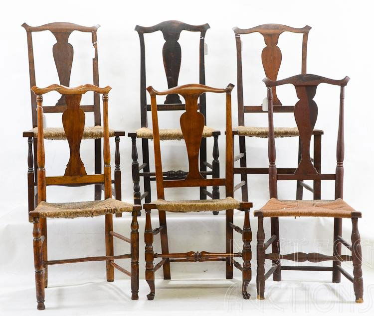 Six New England Country Queen Anne Side Chairs: Group of six New England Country Queen Anne side chairs. All with "horned" serpentine top rail. Trapezoidal seats. Late 18th, early 19th Century. Restorations, some r