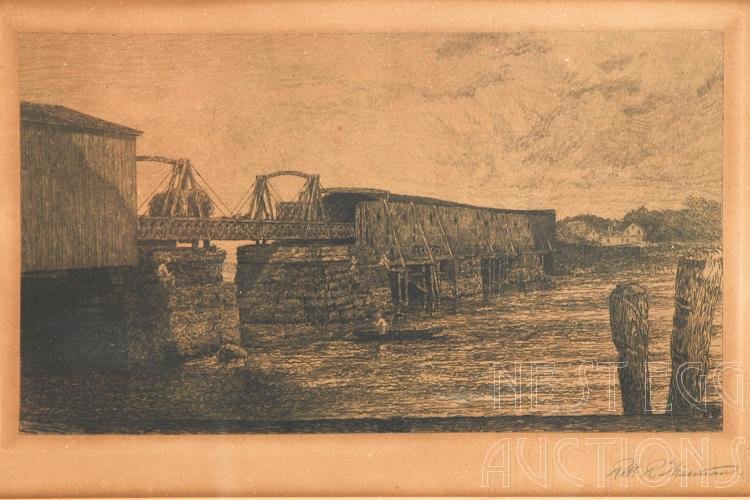 Print Signed Robert Wiseman: Print of steel and wood covered bridge, possibly the old Ferry street bridge spanning the Quinnipiac River in from Long Island Sound and New Haven Harbor, or possibly, the Mill River in New Haven, Con