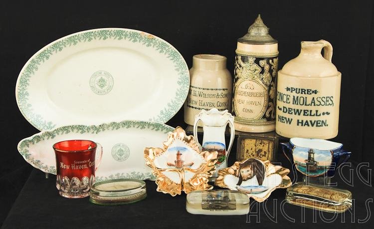 New Haven Connecticut & Yale College Souvenirs: Fourteen piece group of New Haven Connecticut and Yale College / Yale University souvenirs. Lot includes: Stoneware Paperweights with New Haven and Yale subjects Serving dishes from the long ago